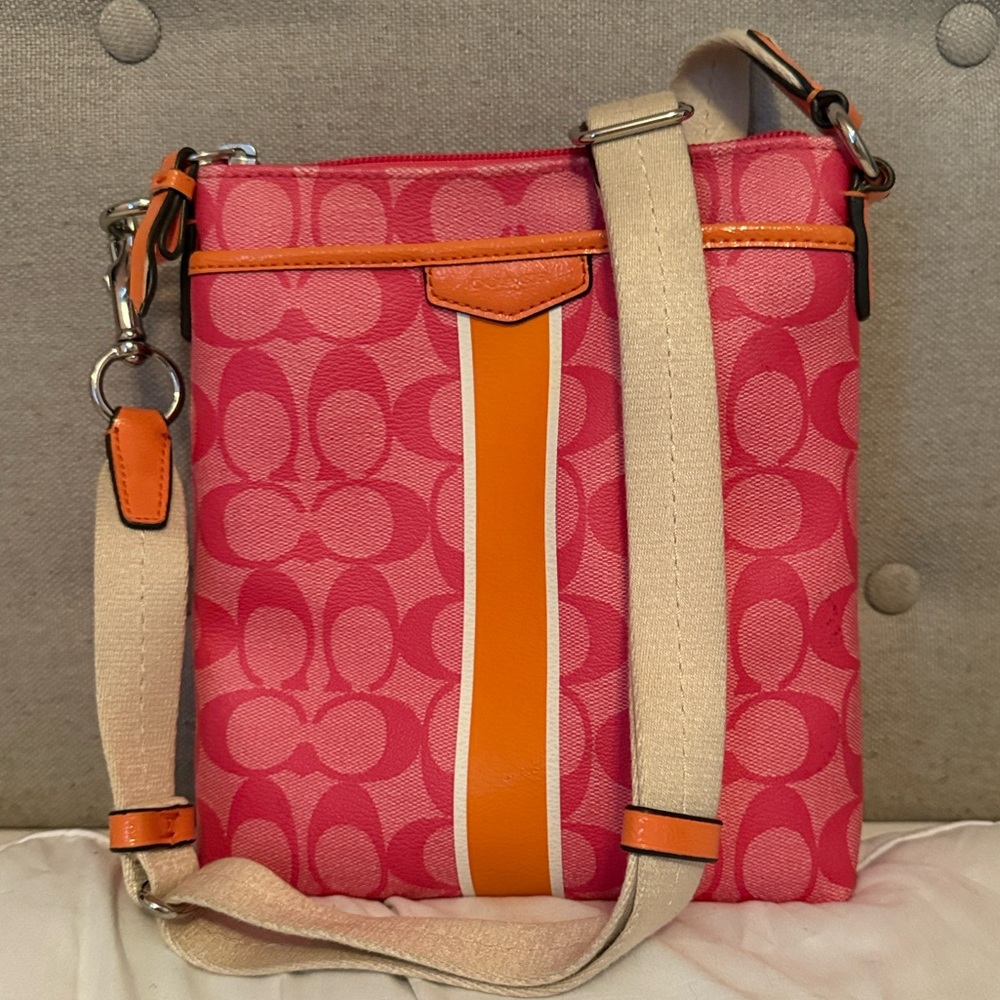 Coach Signature Pink Orange Stripe Swingpack in Coated Canvas F51265